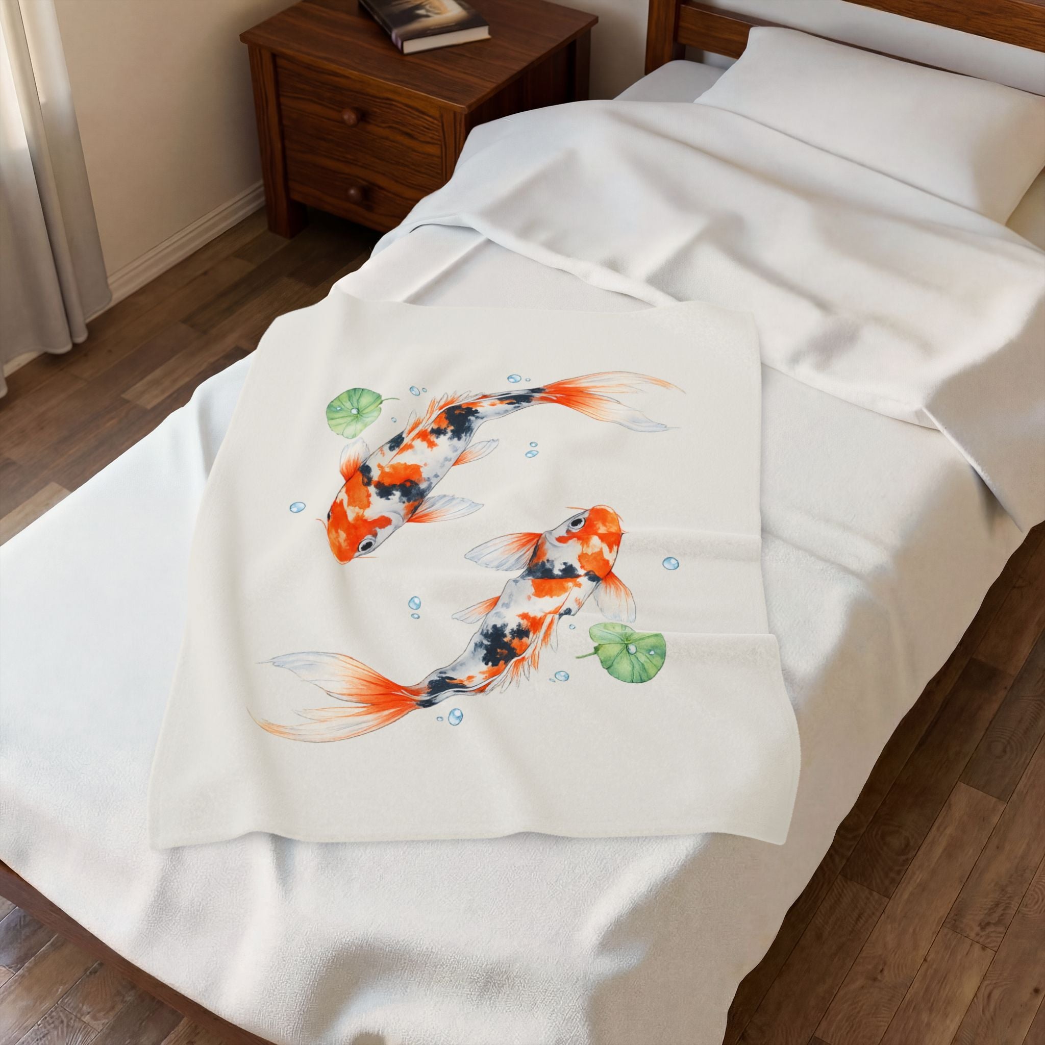 Koi Fish Illustration Velveteen Plush Blanket | Koi Pond Watercolor Throw