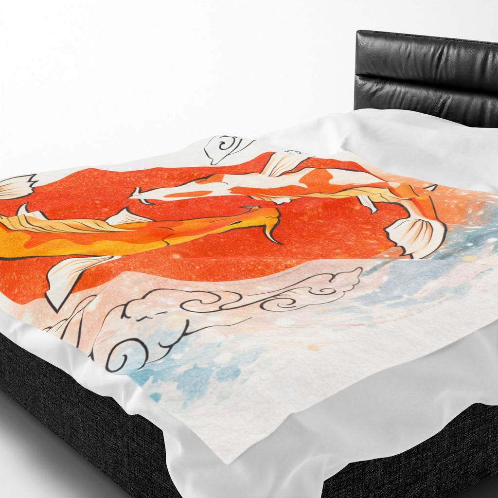 Koi Fish Yin Yang Velveteen Plush Blanket | Orange Red Circle, Japanese Wave Art