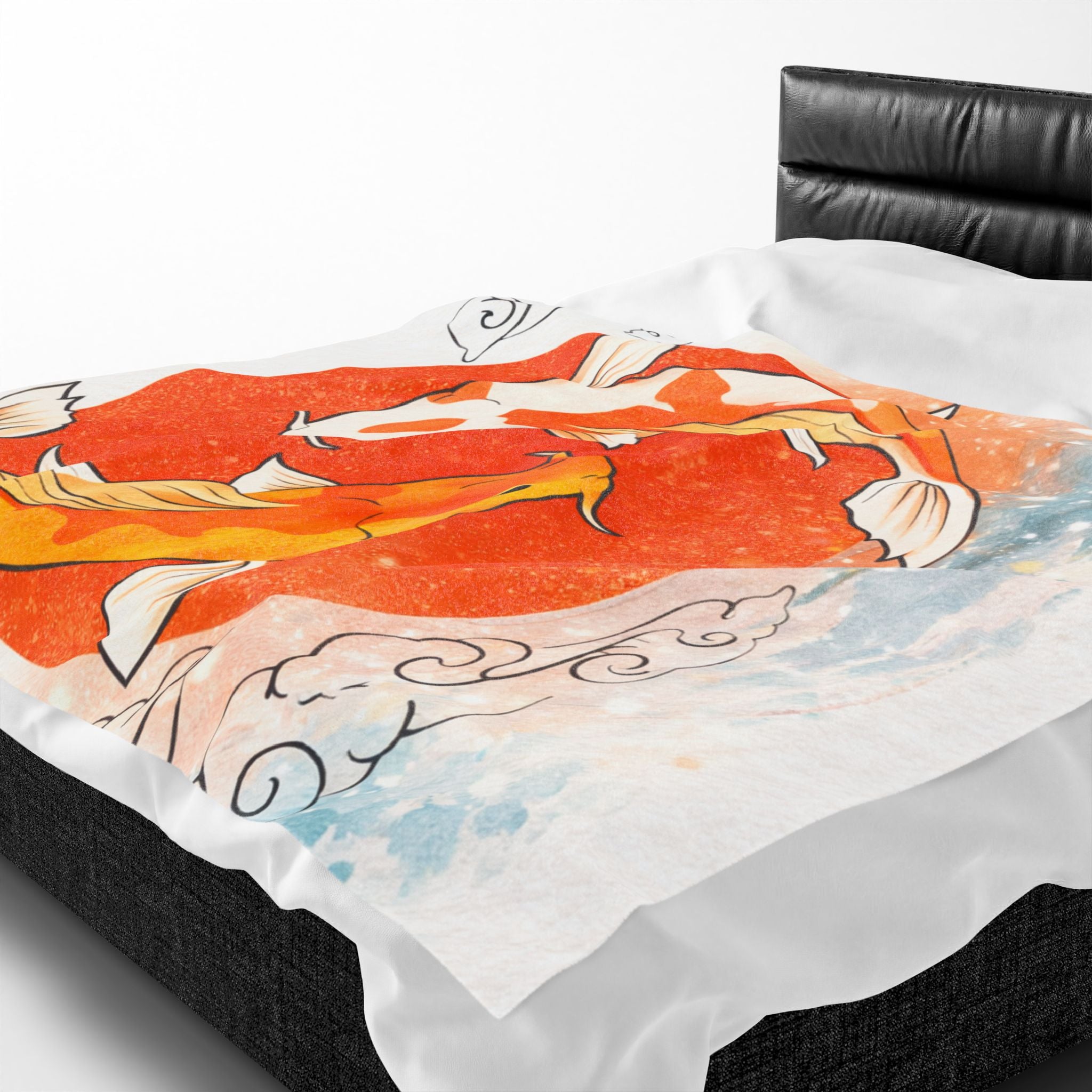 Koi Fish Yin Yang Velveteen Plush Blanket | Orange Red Circle, Japanese Wave Art