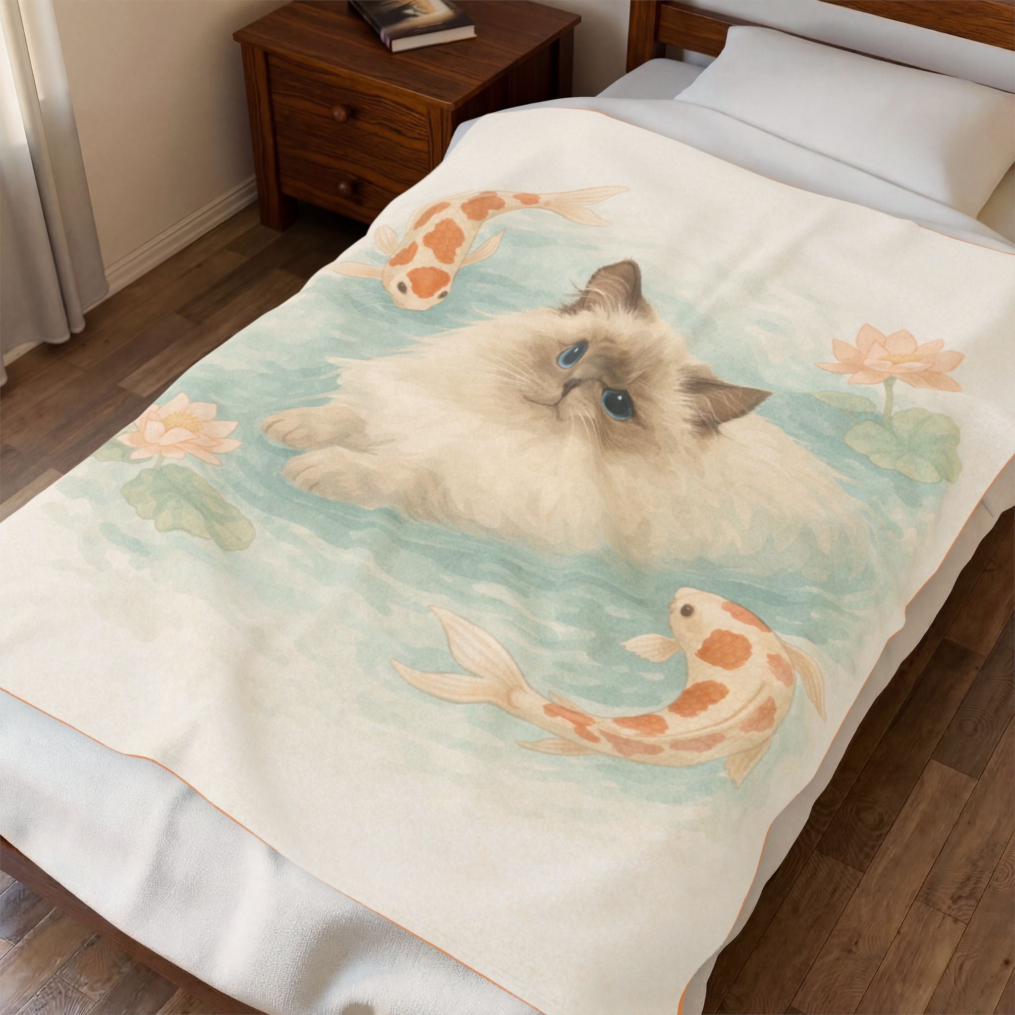 Ragdoll Cat with Koi Pond Velveteen Plush Blanket
