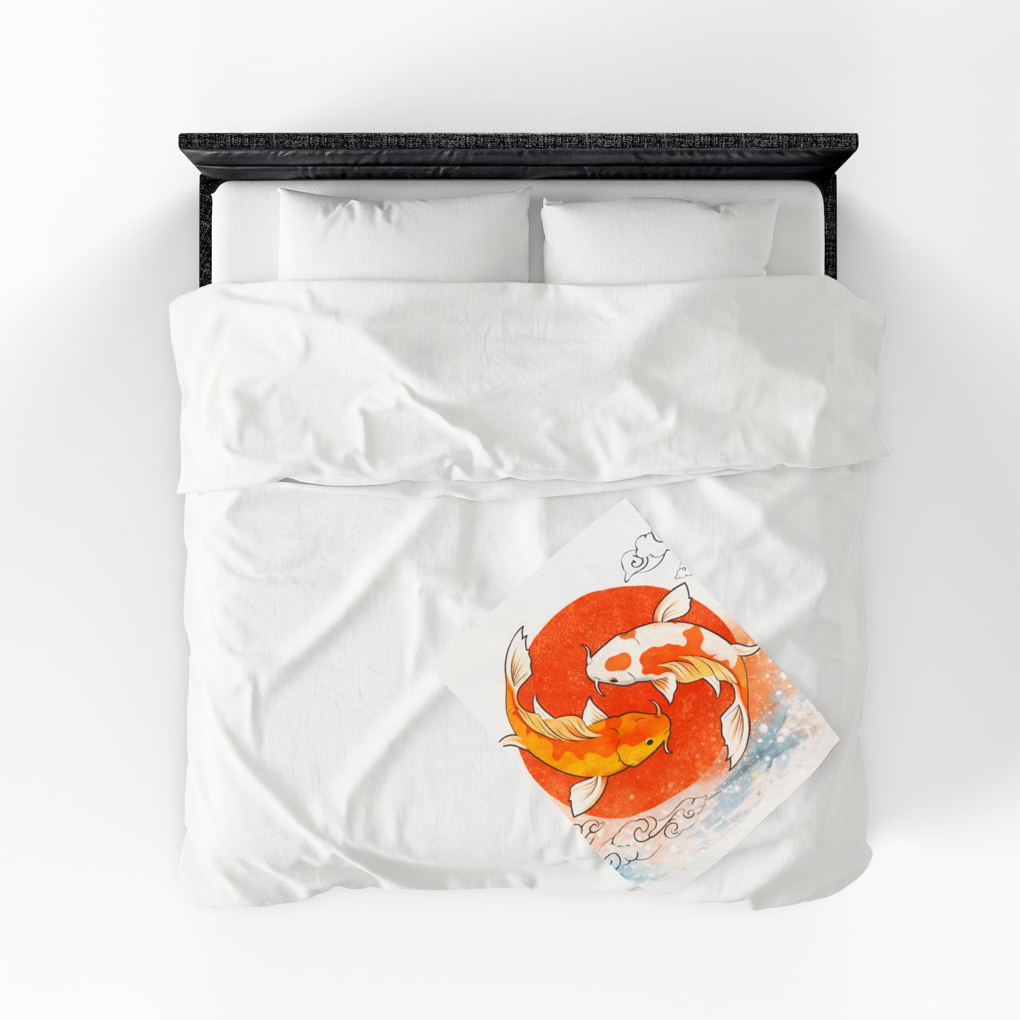 Koi Fish Yin Yang Velveteen Plush Blanket | Orange Red Circle, Japanese Wave Art