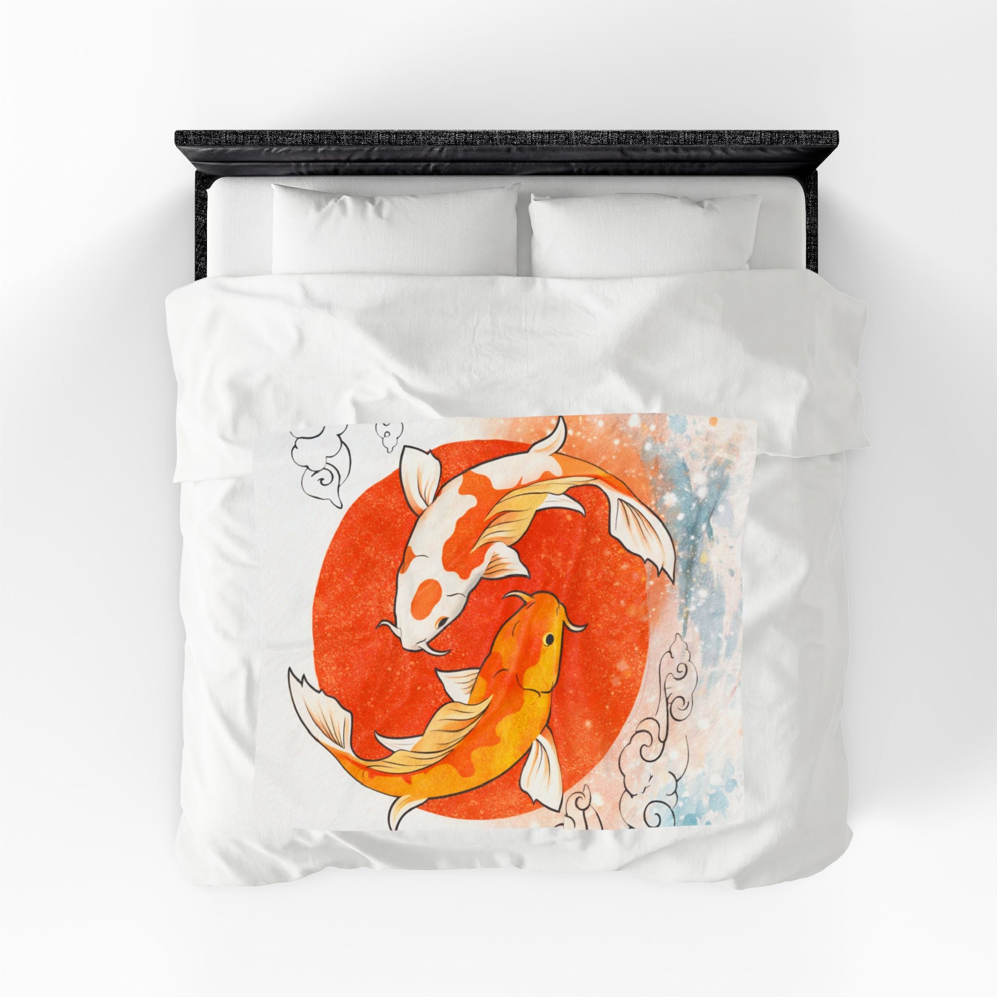 Koi Fish Yin Yang Velveteen Plush Blanket | Orange Red Circle, Japanese Wave Art