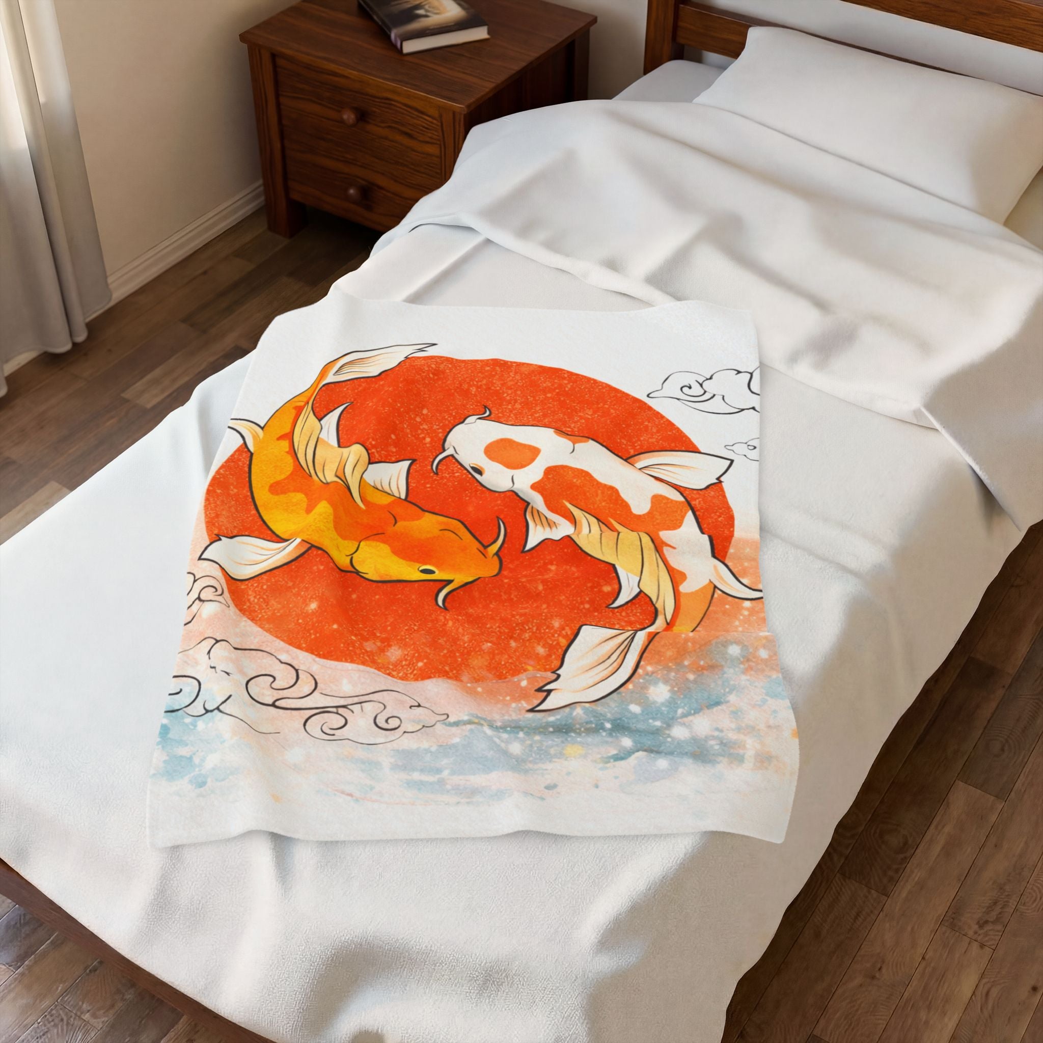 Koi Fish Yin Yang Velveteen Plush Blanket | Orange Red Circle, Japanese Wave Art