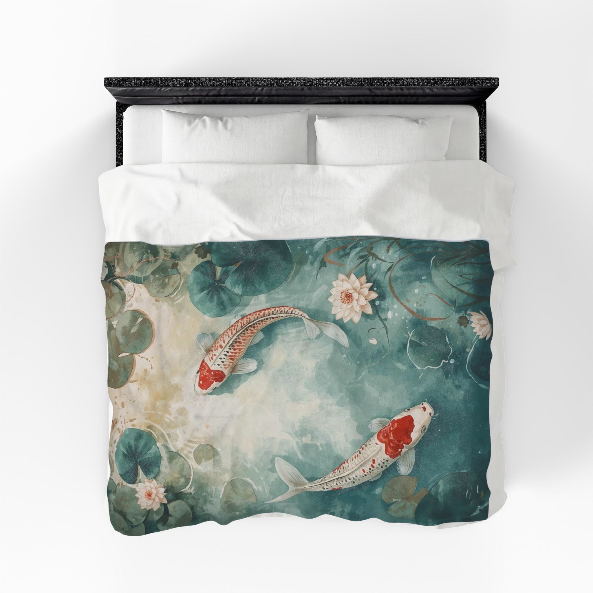 Koi Pond Velveteen Plush Blanket — Tranquil Waterlily Design
