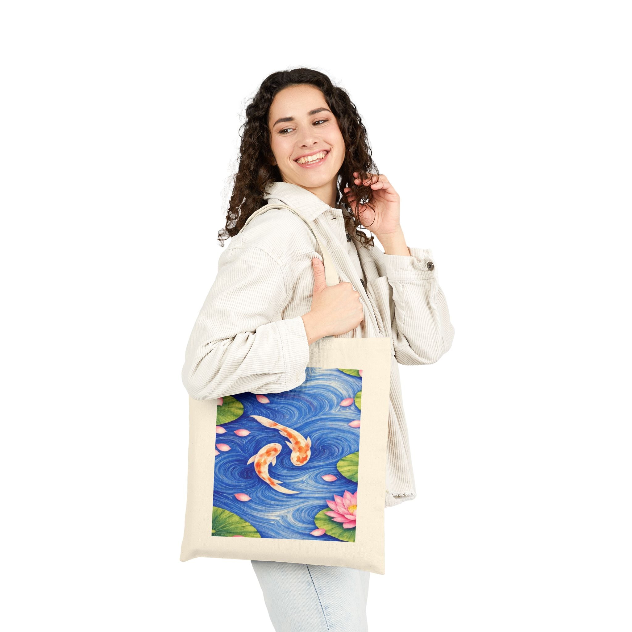 Koi Fish Pond Tote Bag | Watercolor Koi, Lily Pads, Floral Water Scene