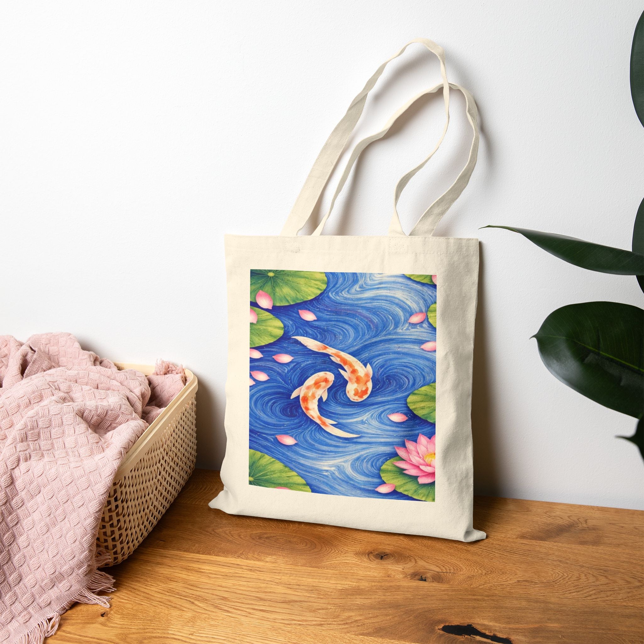 Koi Fish Pond Tote Bag | Watercolor Koi, Lily Pads, Floral Water Scene