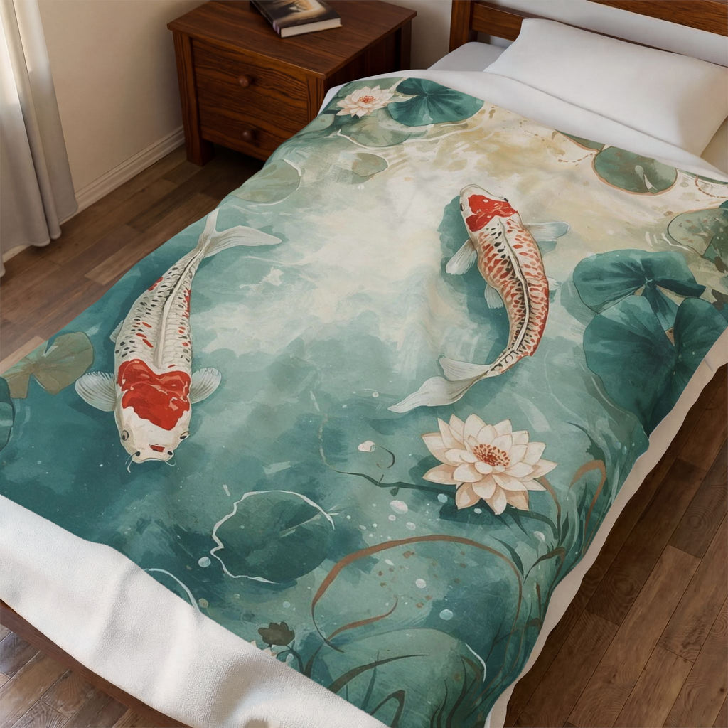 Koi Pond Velveteen Plush Blanket — Tranquil Waterlily Design