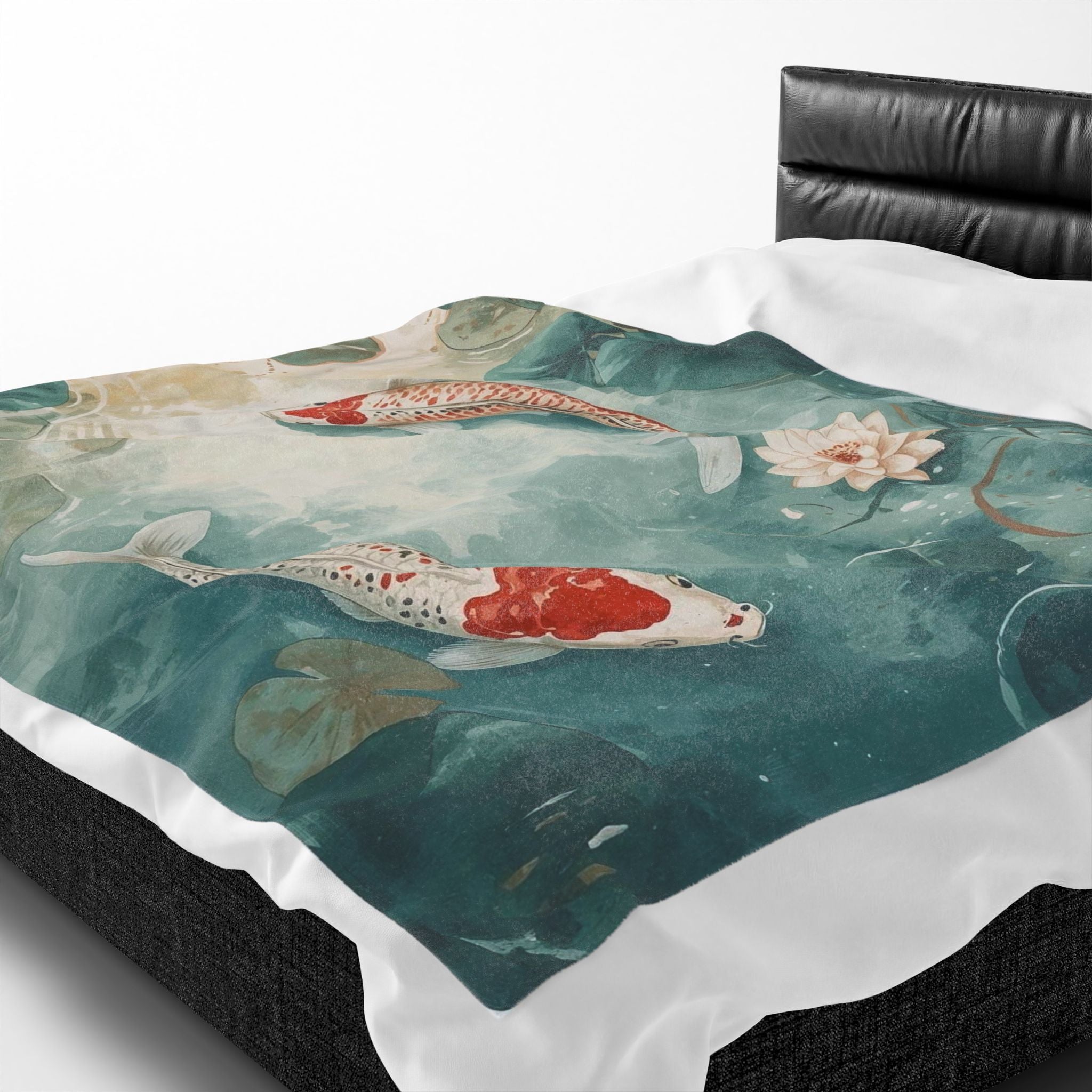 Koi Pond Velveteen Plush Blanket — Tranquil Waterlily Design