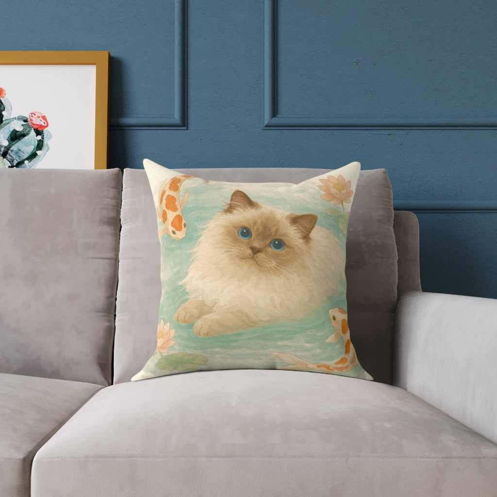 Fluffy Ragdoll Cat Koi Pond Pillow | Square Poly Canvas Pillow