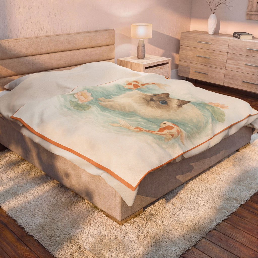 Ragdoll Cat with Koi Pond Velveteen Plush Blanket
