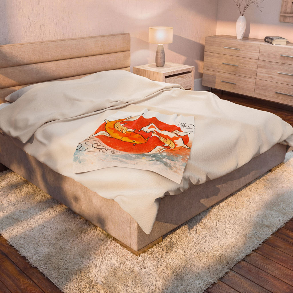 Koi Fish Yin Yang Velveteen Plush Blanket | Orange Red Circle, Japanese Wave Art