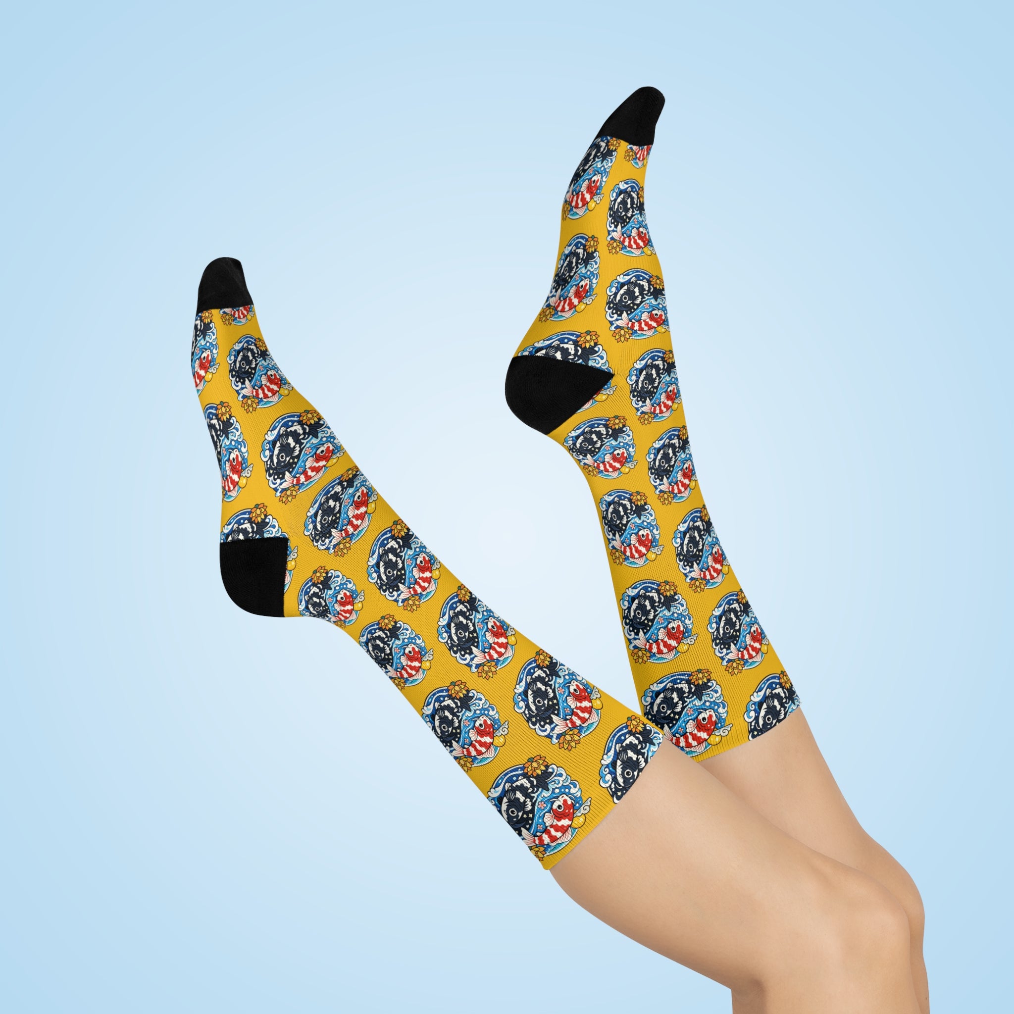Vintage Koi Fish Crew Socks — Cushioned Yellow Patterned Socks