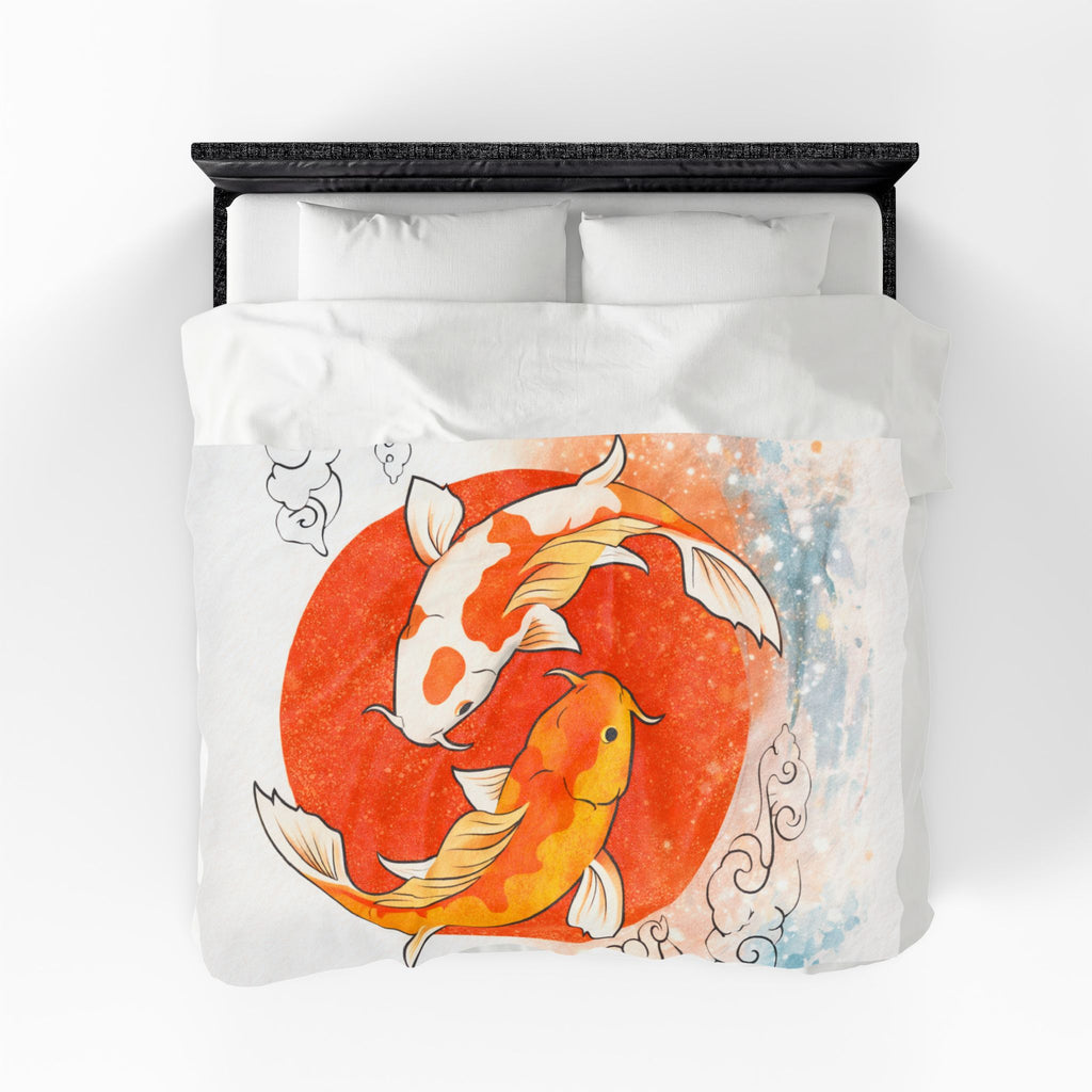 Koi Fish Yin Yang Velveteen Plush Blanket | Orange Red Circle, Japanese Wave Art