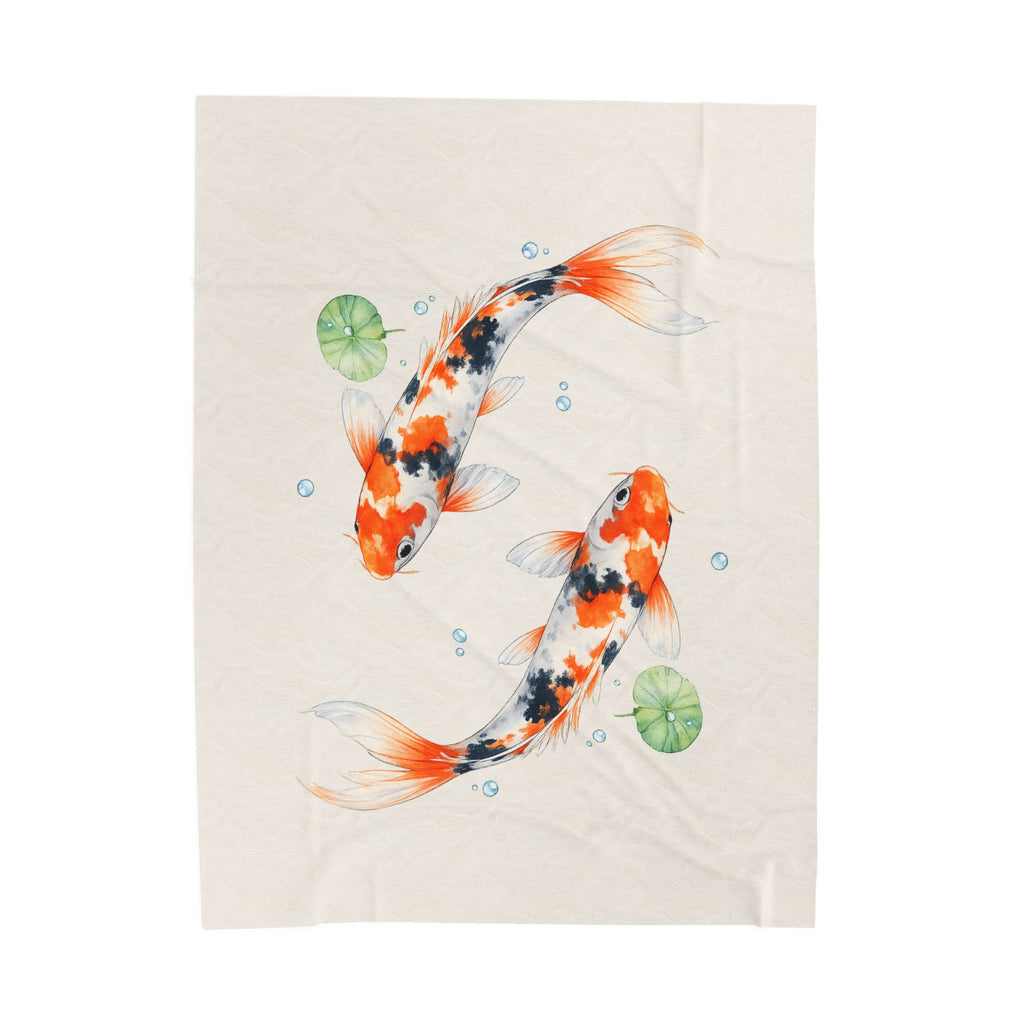 Koi Fish Illustration Velveteen Plush Blanket | Koi Pond Watercolor Throw