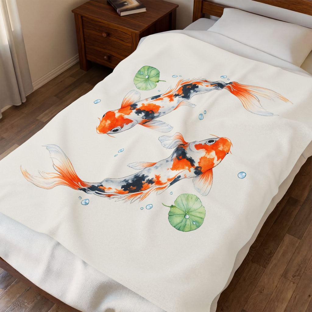 Koi Fish Illustration Velveteen Plush Blanket | Koi Pond Watercolor Throw