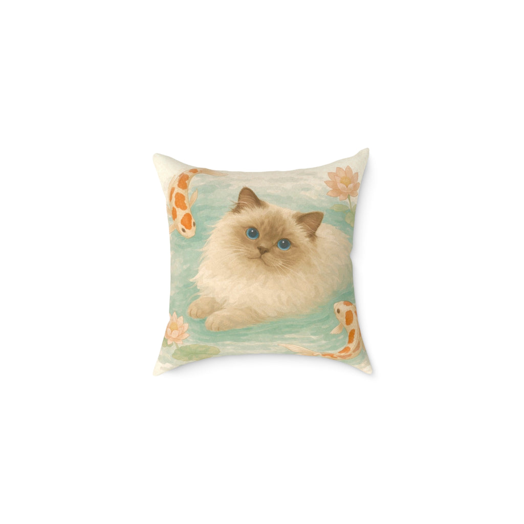 Fluffy Ragdoll Cat Koi Pond Pillow | Square Poly Canvas Pillow