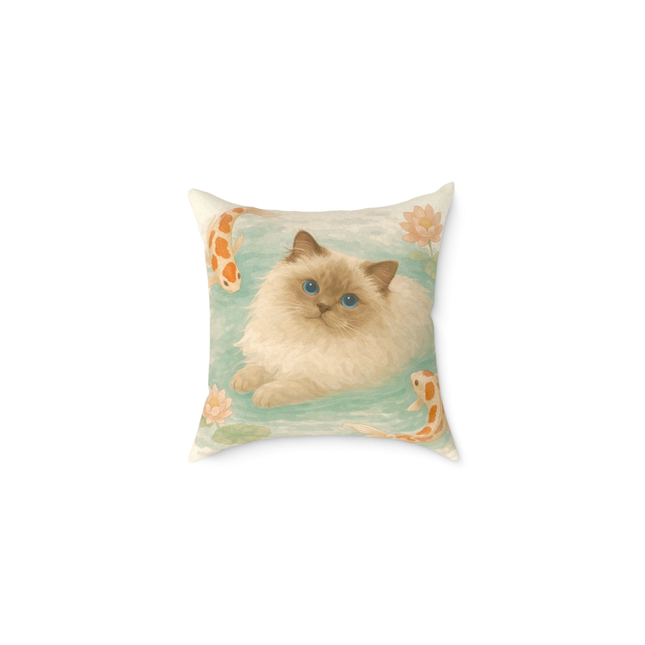 Fluffy Ragdoll Cat Koi Pond Pillow | Square Poly Canvas Pillow