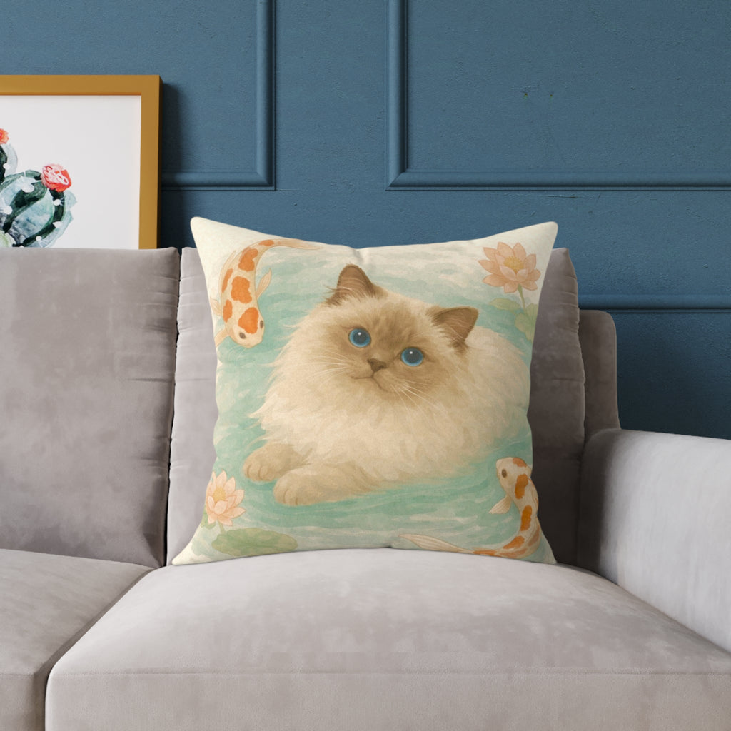 Fluffy Ragdoll Cat Koi Pond Pillow | Square Poly Canvas Pillow