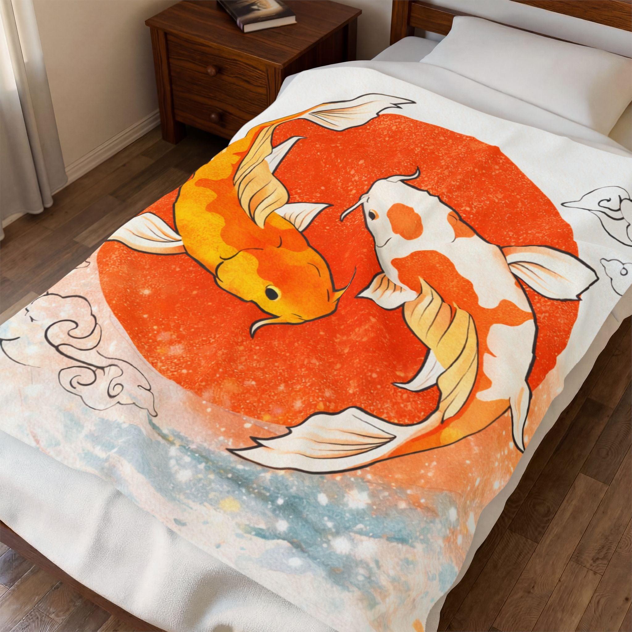 Koi Fish Yin Yang Velveteen Plush Blanket | Orange Red Circle, Japanese Wave Art