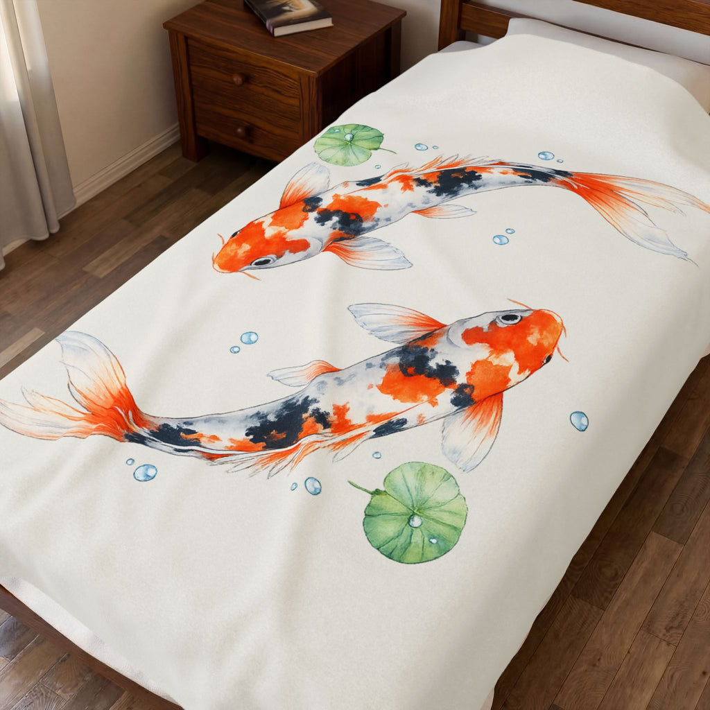 Koi Fish Illustration Velveteen Plush Blanket | Koi Pond Watercolor Throw