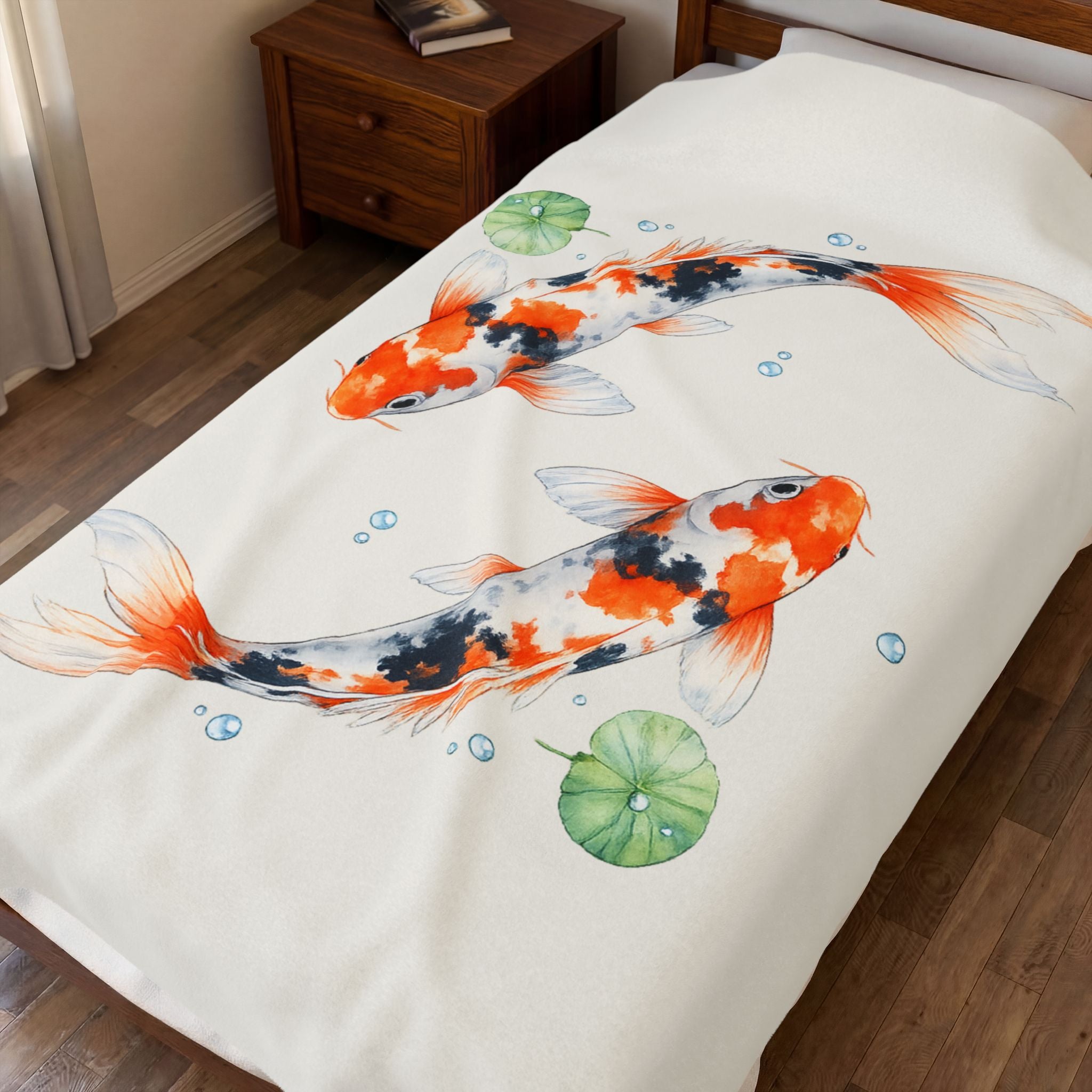 Koi Fish Illustration Velveteen Plush Blanket | Koi Pond Watercolor Throw
