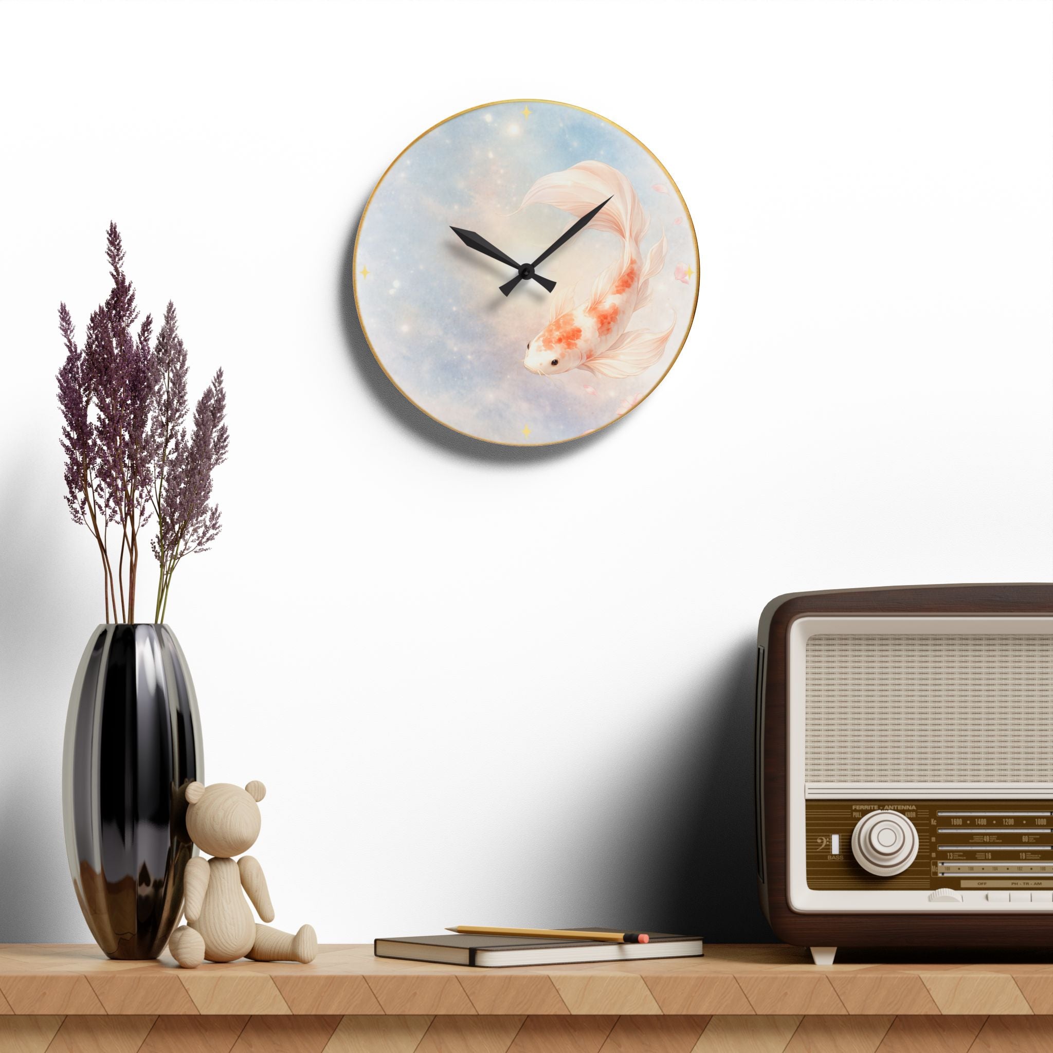 Koi Fish Watercolor Acrylic Wall Clock | Pastel Dreamy Decor