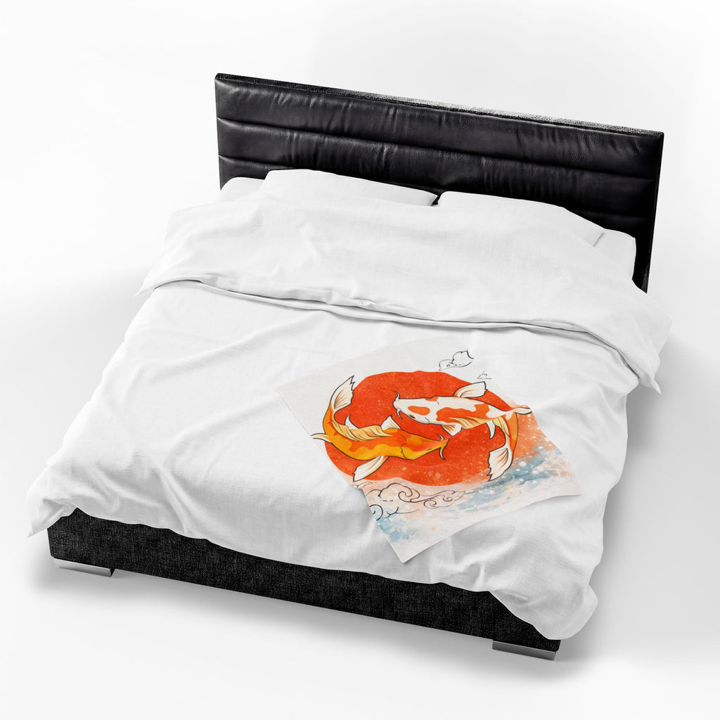 Koi Fish Yin Yang Velveteen Plush Blanket | Orange Red Circle, Japanese Wave Art