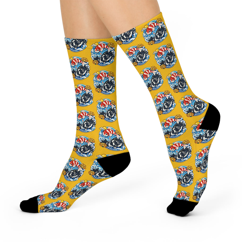 Vintage Koi Fish Crew Socks — Cushioned Yellow Patterned Socks