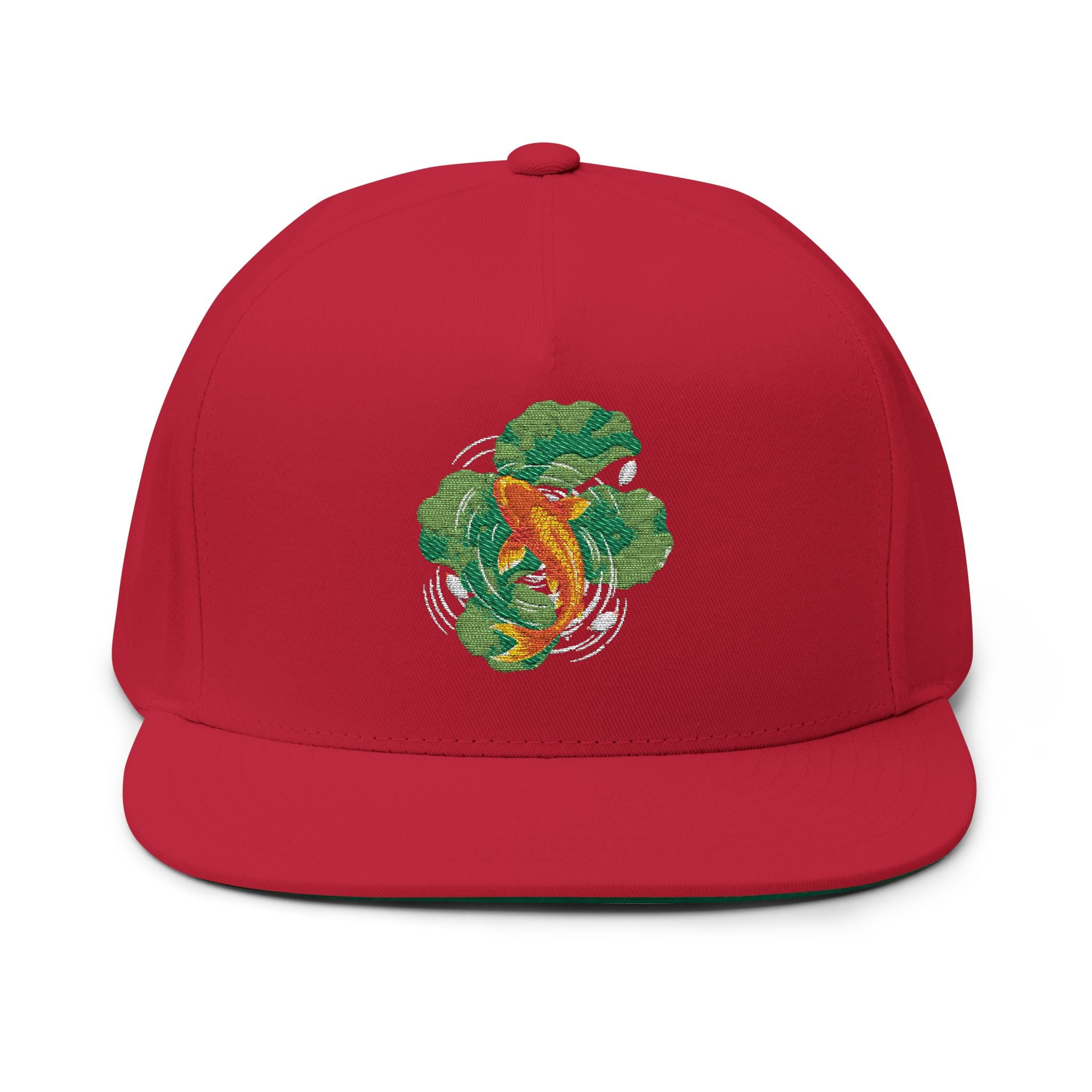 Koi Fish Embroidered Flat Bill Cap | Pond Lily Snapback