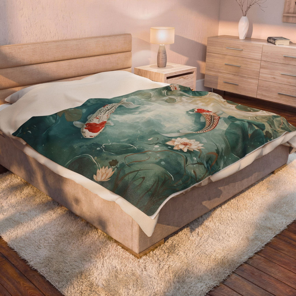 Koi Pond Velveteen Plush Blanket — Tranquil Waterlily Design