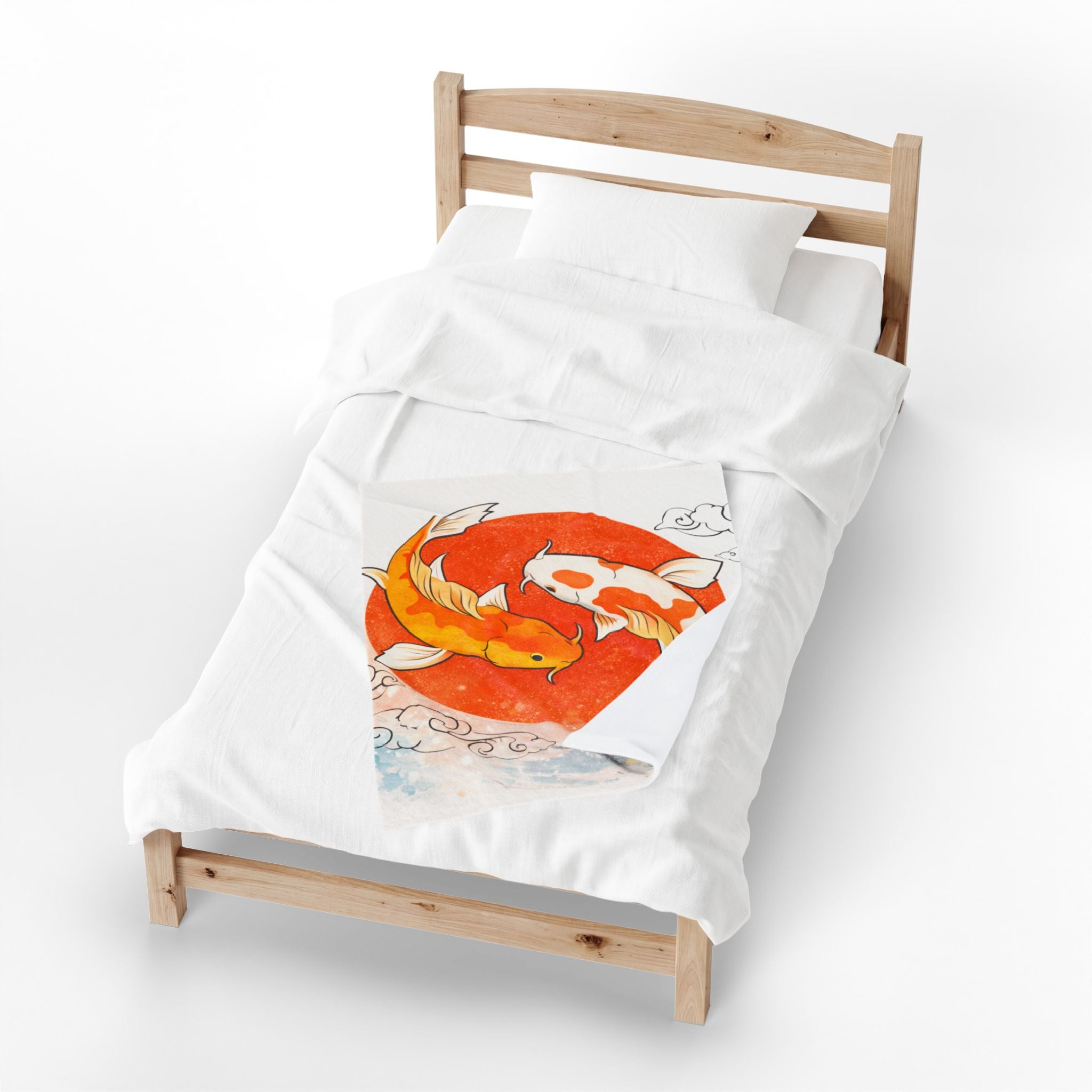 Koi Fish Yin Yang Velveteen Plush Blanket | Orange Red Circle, Japanese Wave Art