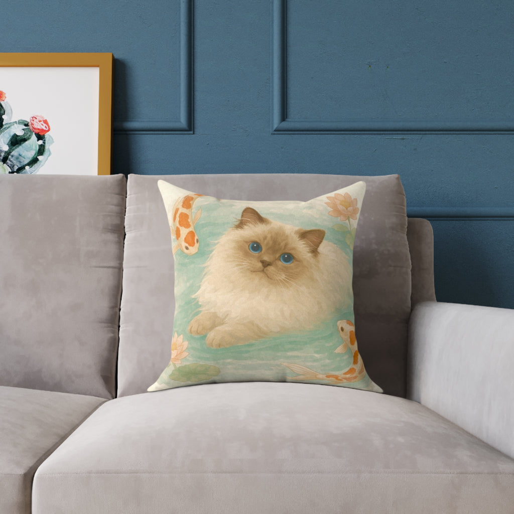 Fluffy Ragdoll Cat Koi Pond Pillow | Square Poly Canvas Pillow