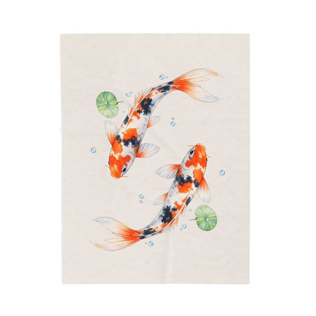 Koi Fish Illustration Velveteen Plush Blanket | Koi Pond Watercolor Throw
