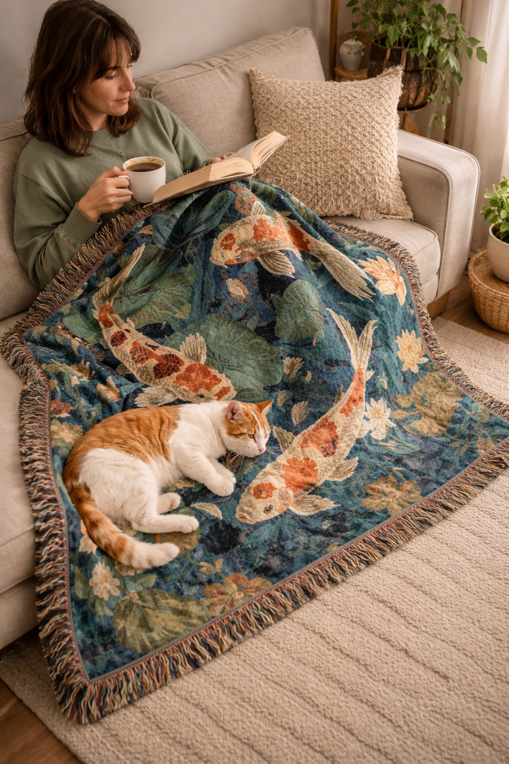 Artistic Woven Blanket for Cozy Decor, Koi Fish Throw, Elegant Home Decor, Gift for Nature Lovers, Eco-Friendly Blanket