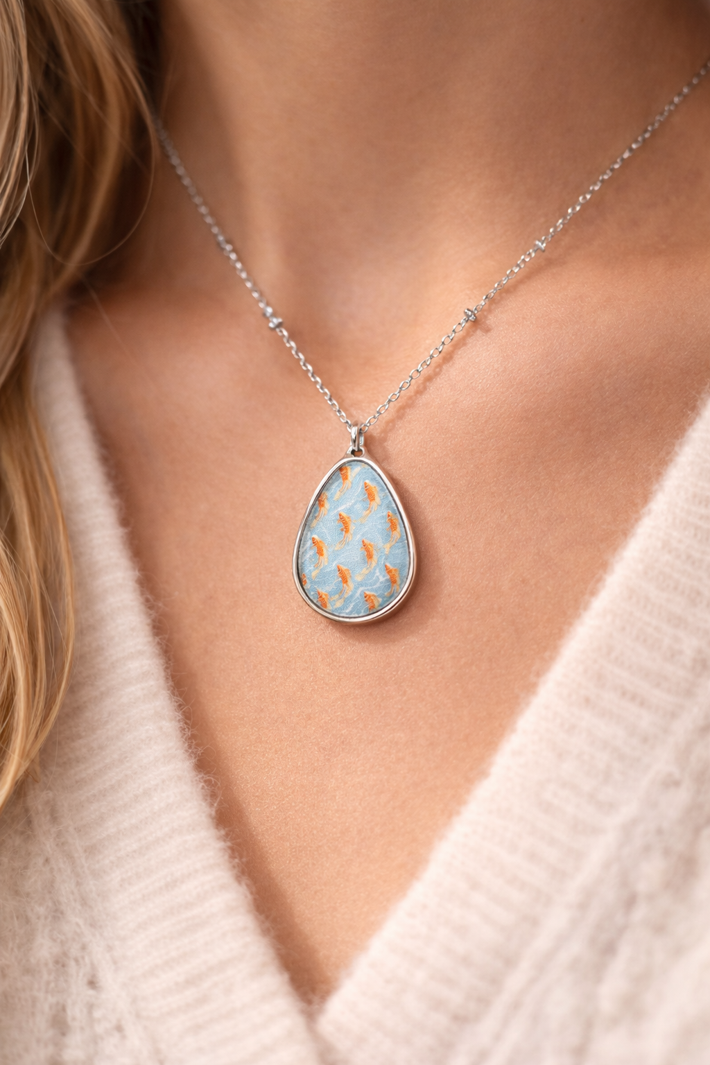 Koi Fish Pattern Oval Necklace | Teardrop Pendant, Silver Chain