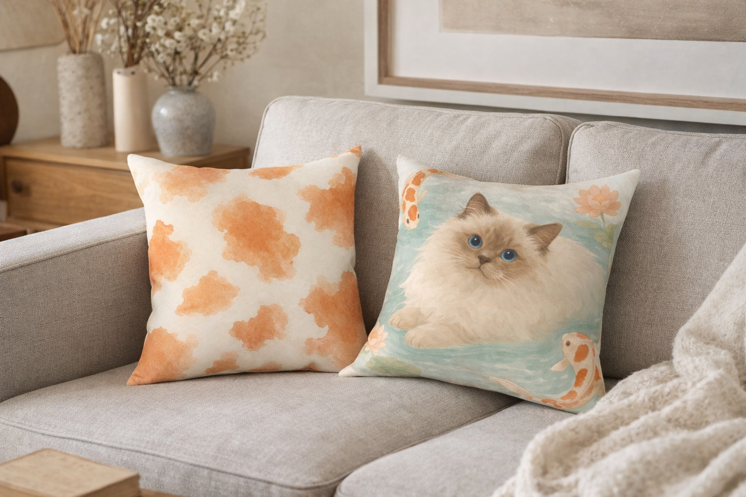 Fluffy Ragdoll Cat Koi Pond Pillow | Square Poly Canvas Pillow