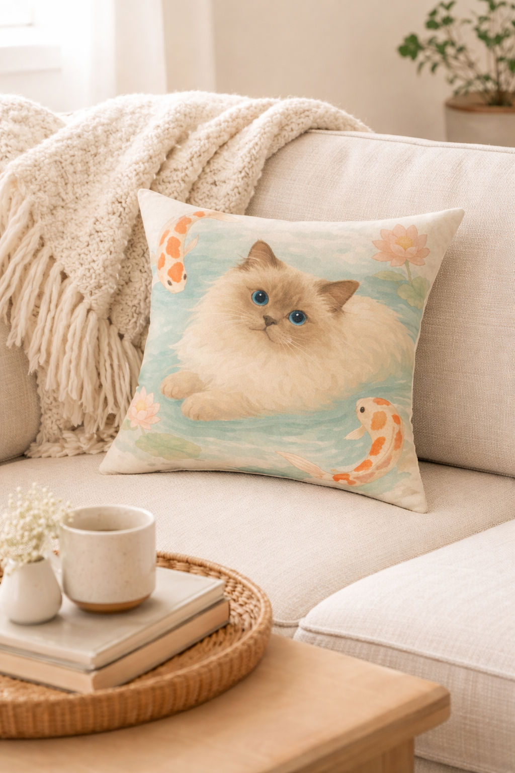Fluffy Ragdoll Cat Koi Pond Pillow | Square Poly Canvas Pillow
