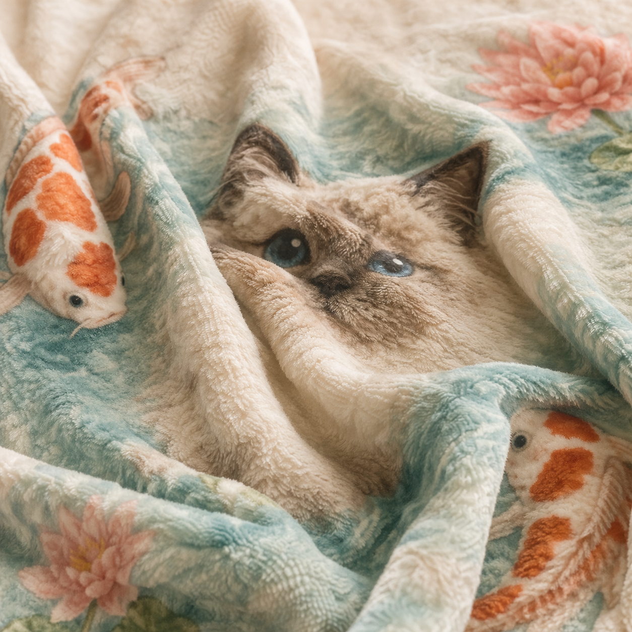 Ragdoll Cat with Koi Pond Velveteen Plush Blanket