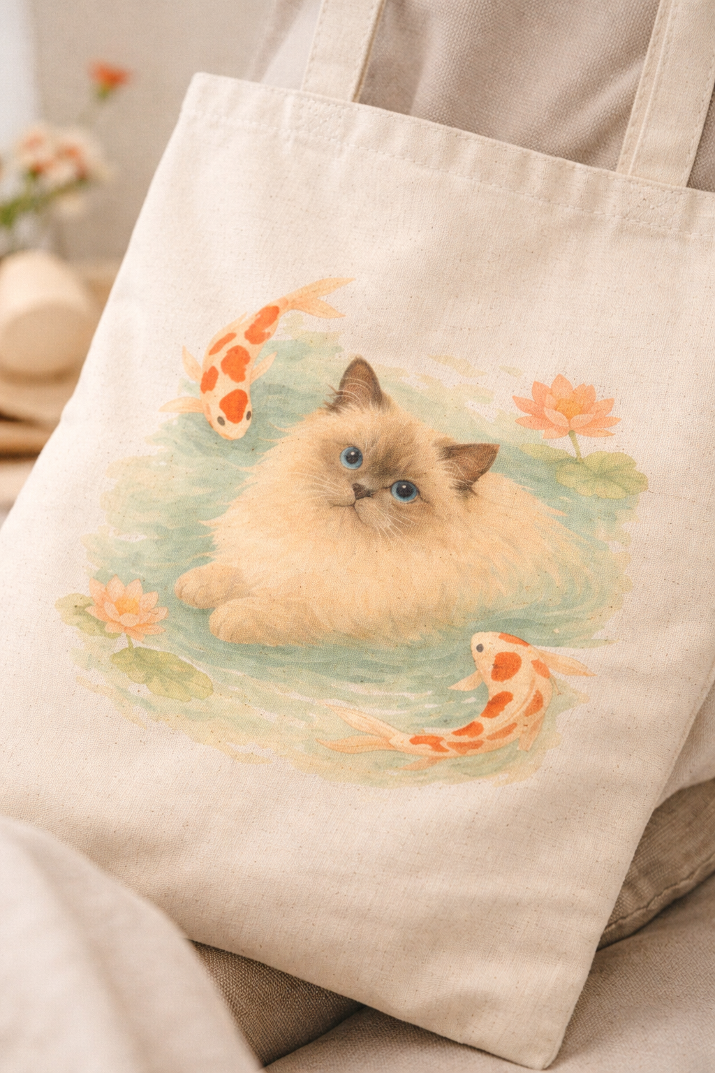 Ragdoll Cat with Koi Tote Bag | Cute Watercolor Cat Illustration