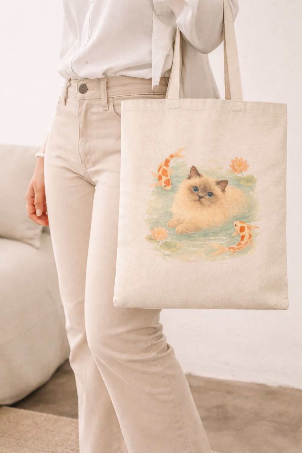 Ragdoll Cat with Koi Tote Bag | Cute Watercolor Cat Illustration