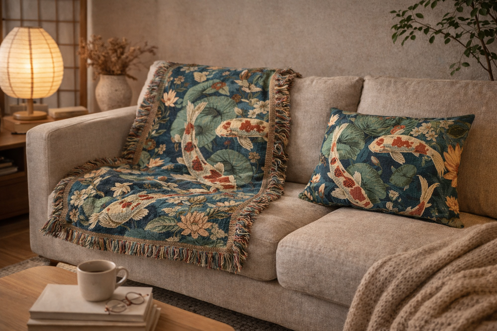 Koi Pond Pattern Microfiber Pillowcase | Floral Water Lilies