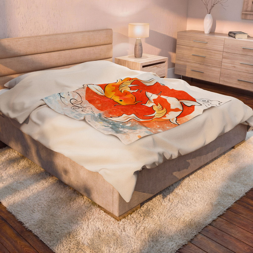 Koi Fish Yin Yang Velveteen Plush Blanket | Orange Red Circle, Japanese Wave Art