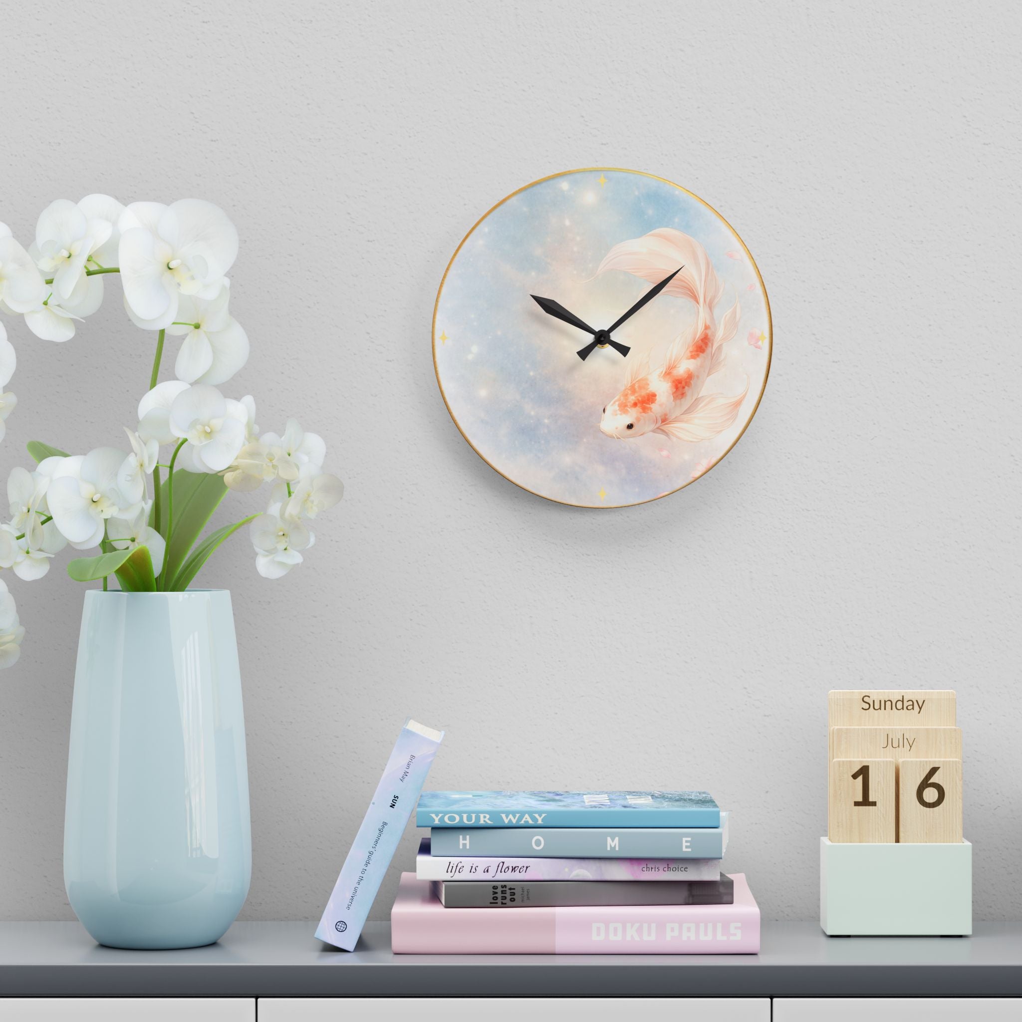 Koi Fish Watercolor Acrylic Wall Clock | Pastel Dreamy Decor
