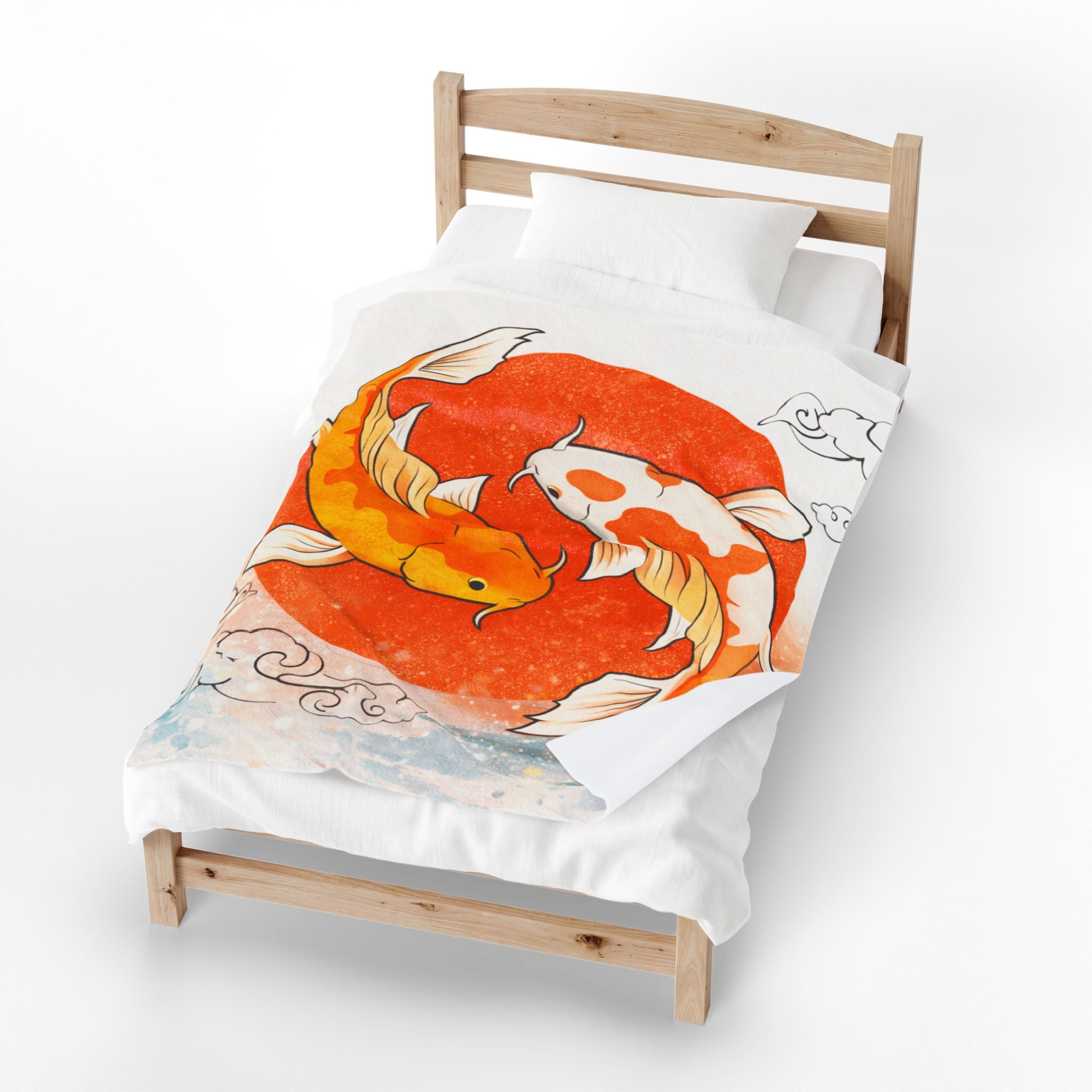 Koi Fish Yin Yang Velveteen Plush Blanket | Orange Red Circle, Japanese Wave Art