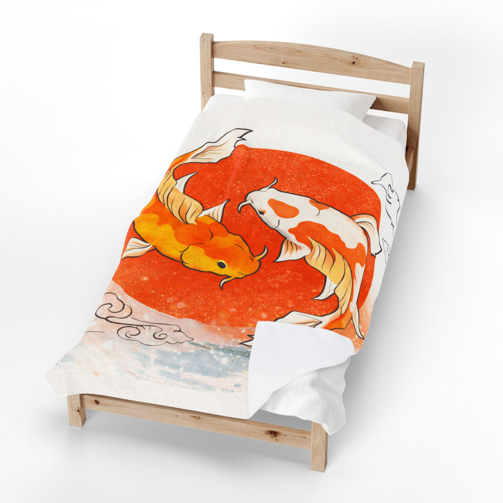 Koi Fish Yin Yang Velveteen Plush Blanket | Orange Red Circle, Japanese Wave Art