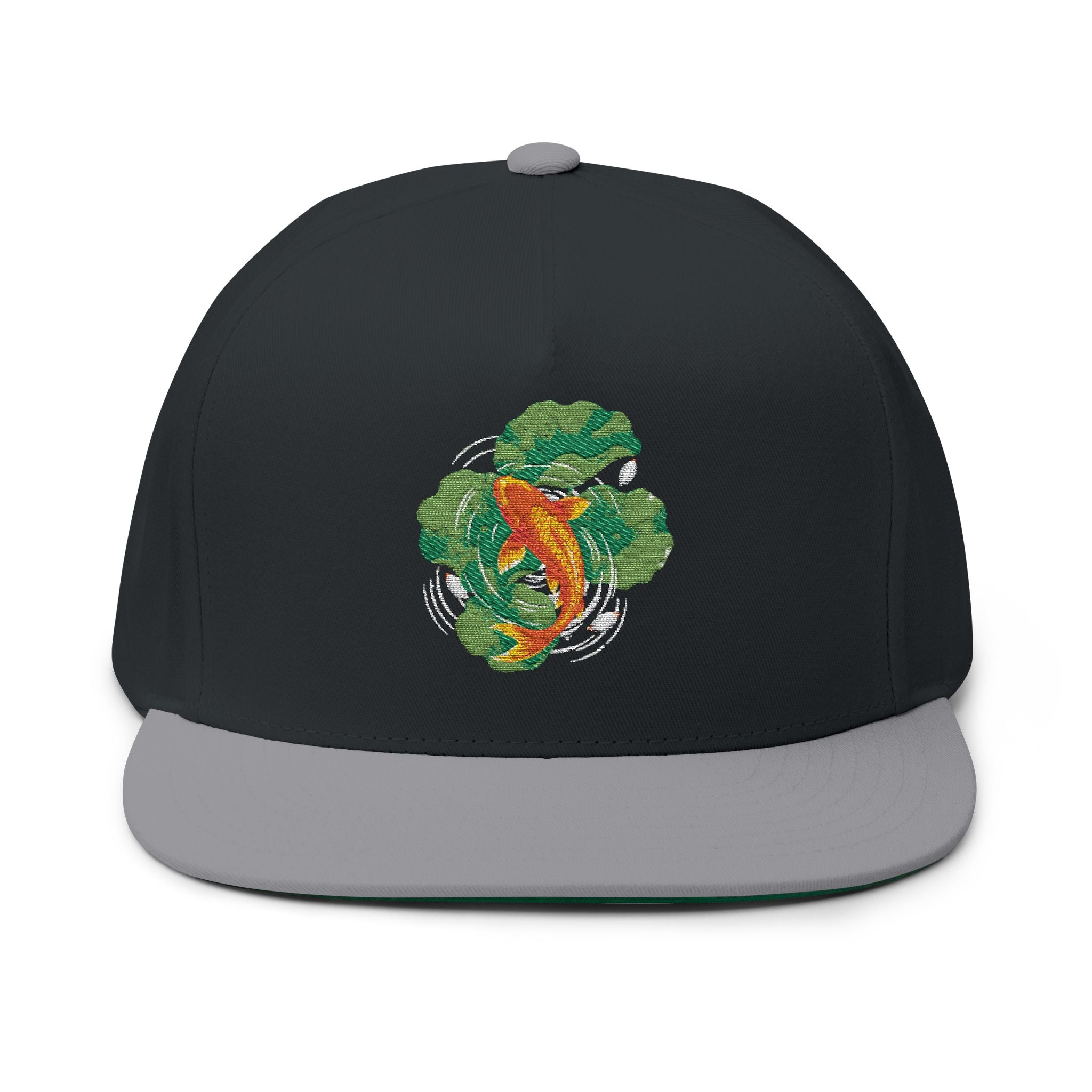 Koi Fish Embroidered Flat Bill Cap | Pond Lily Snapback