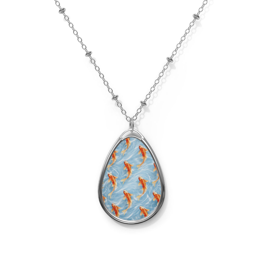 Koi Fish Pattern Oval Necklace | Teardrop Pendant, Silver Chain