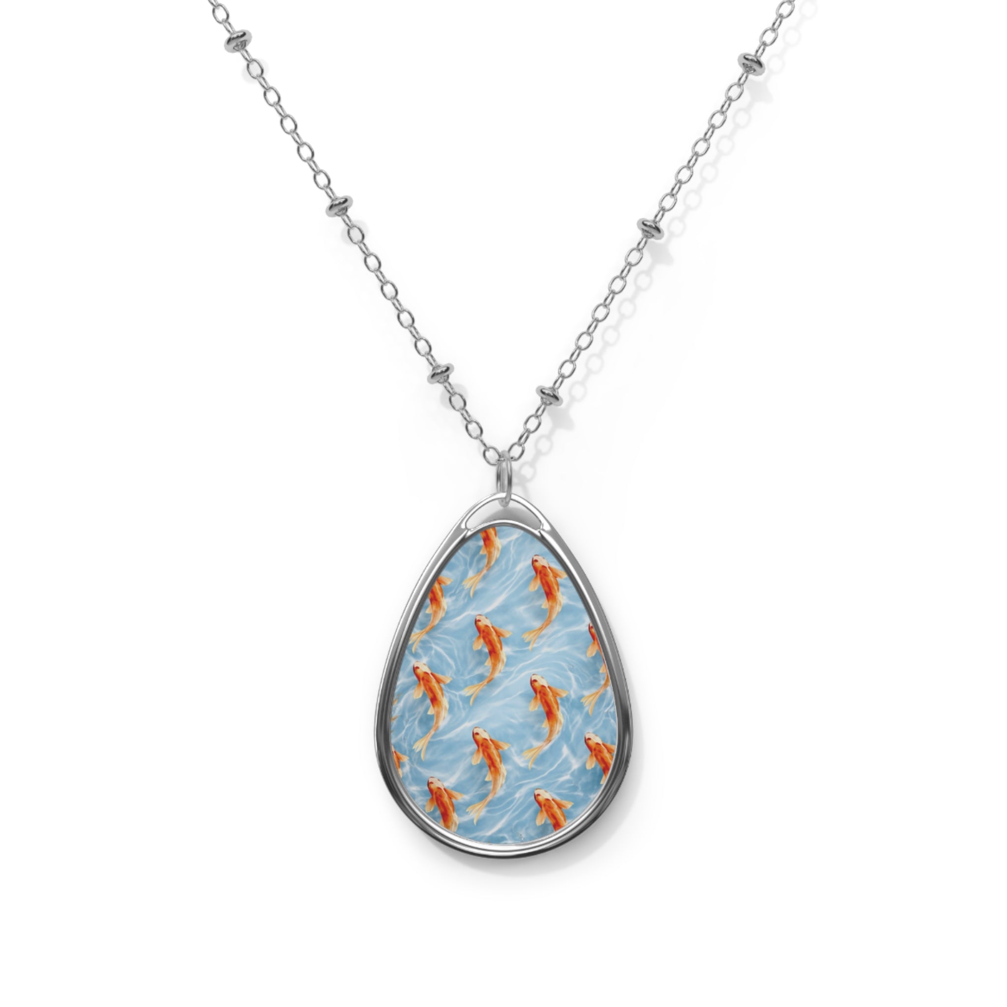 Koi Fish Pattern Oval Necklace | Teardrop Pendant, Silver Chain