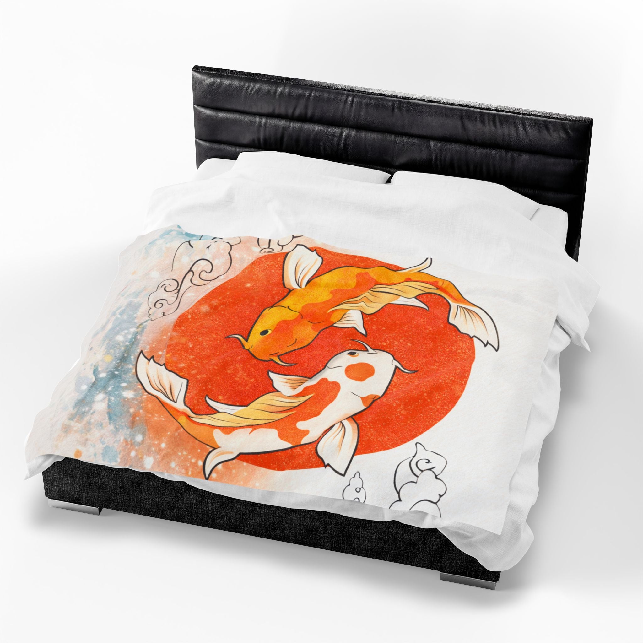 Koi Fish Yin Yang Velveteen Plush Blanket | Orange Red Circle, Japanese Wave Art