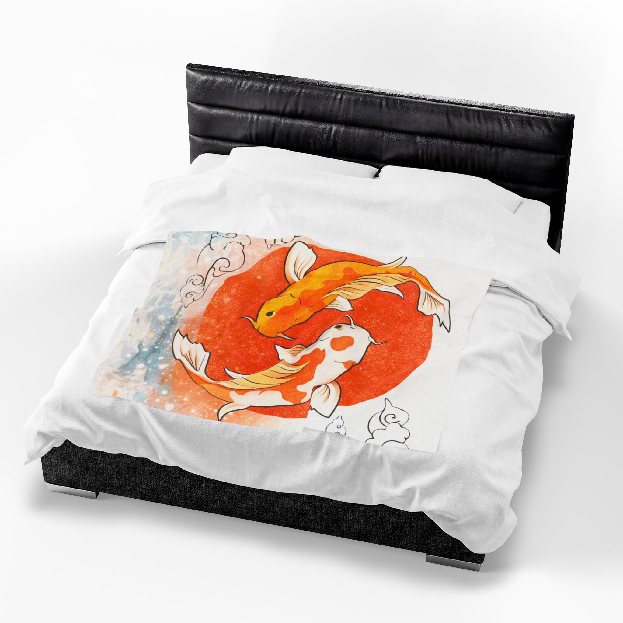 Koi Fish Yin Yang Velveteen Plush Blanket | Orange Red Circle, Japanese Wave Art